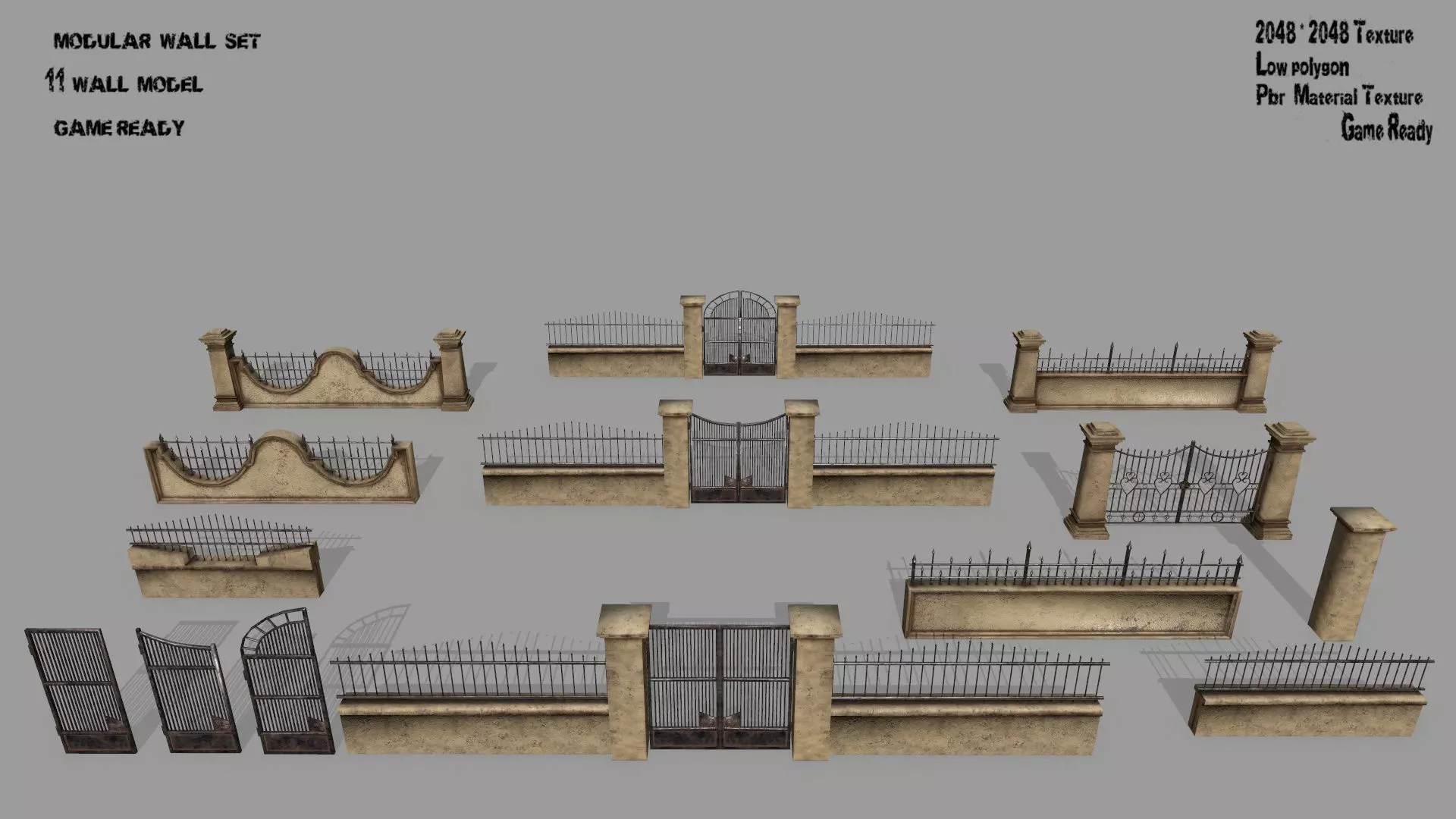 wall set stone with wrought iron railings Low-poly 3D model_0