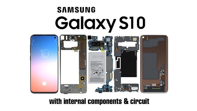 Samsung Galaxy S10  with internal components  and circuit 3D model