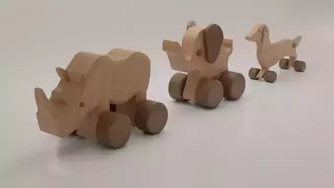 Wooden Animals Toys Collection Wheeled Dog Rhino Elephant