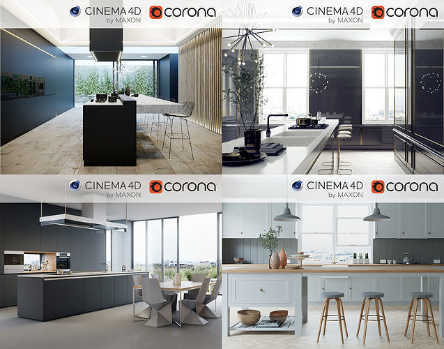  Corona C4D Scene files - 4 x Kitchen Scenes 3D Model Collection