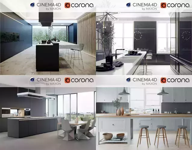  Corona C4D Scene files - 4 x Kitchen Scenes 3D Model Collection