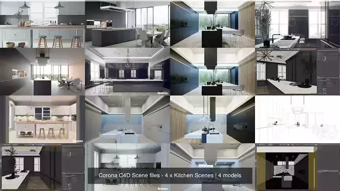  Corona C4D Scene files - 4 x Kitchen Scenes