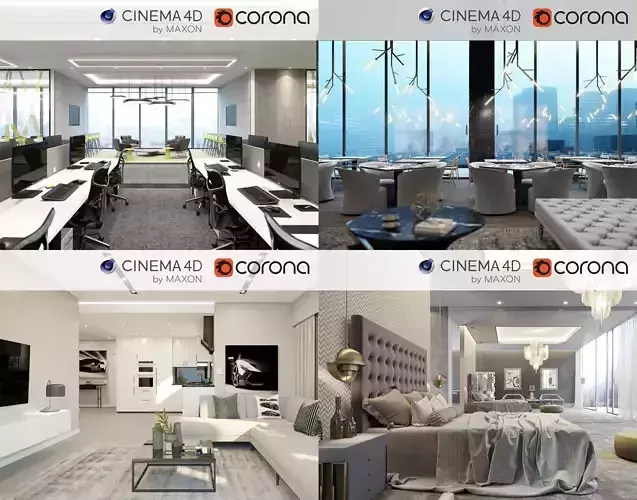 Set 3 - Corona C4D - 4 x Interior Scenes 3D Model Collection