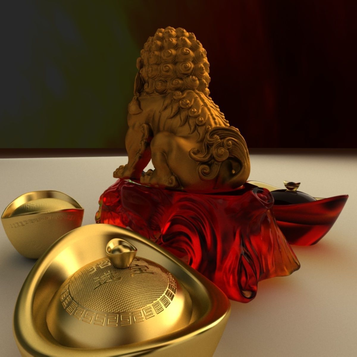 Chinese gold ingot with lion status 3D model_3