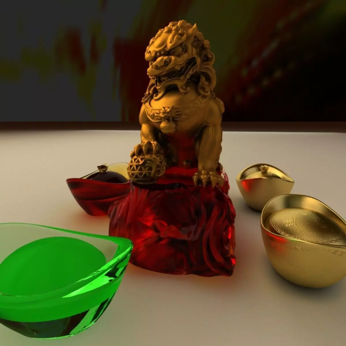 Chinese gold ingot with lion status 3D model_0