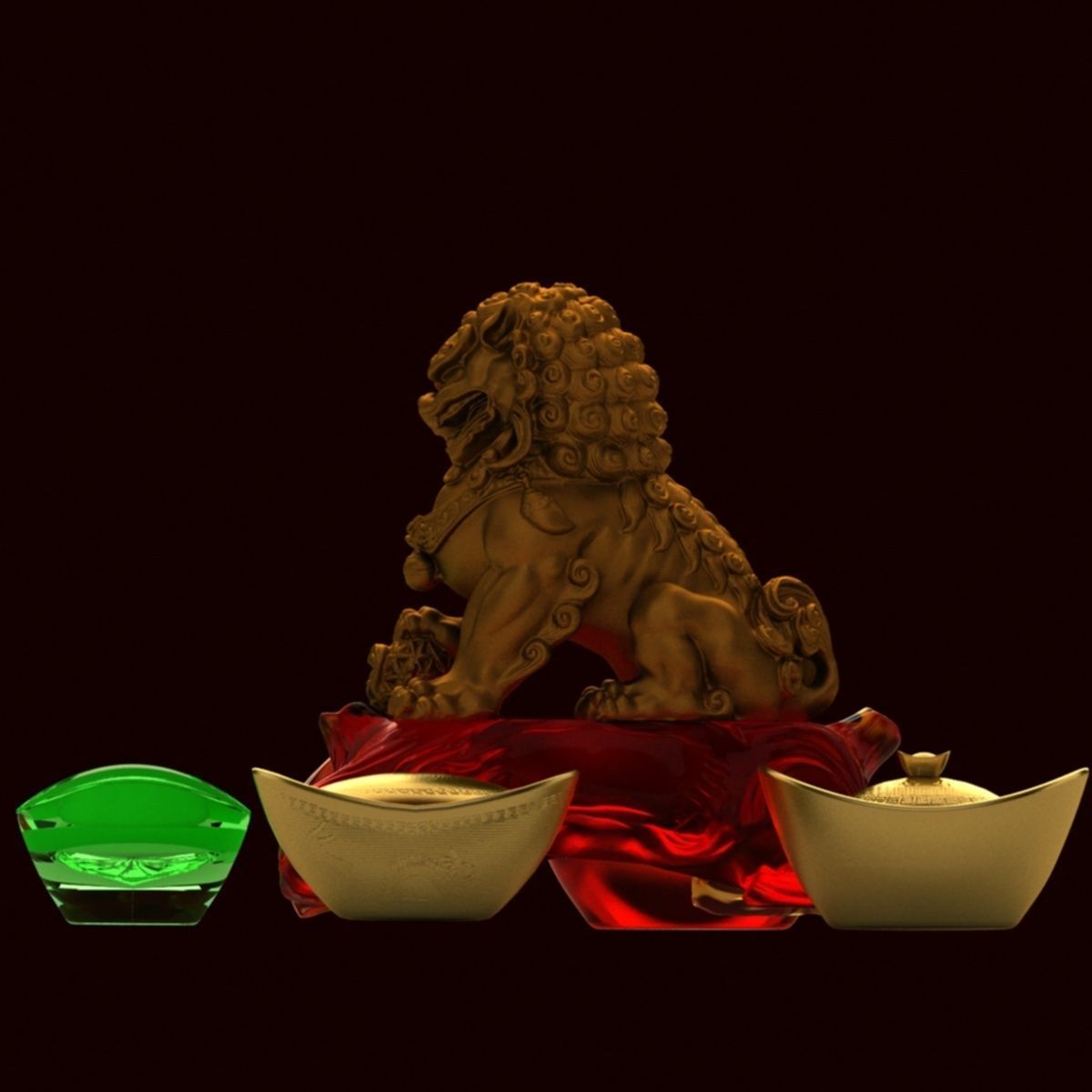 Chinese gold ingot with lion status 3D model_2