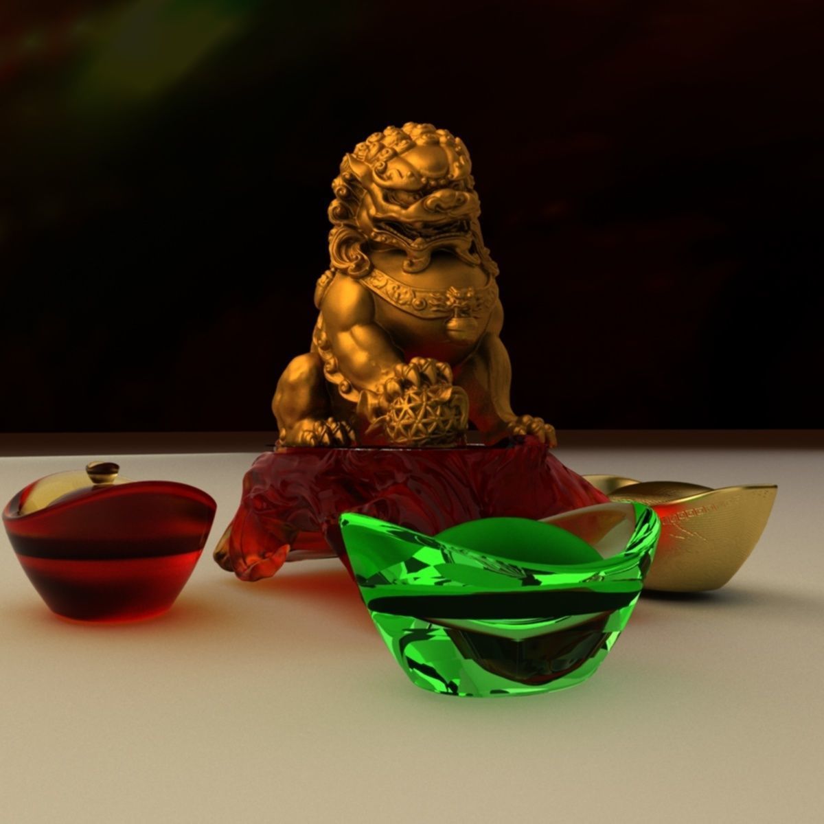 Chinese gold ingot with lion status 3D model_1