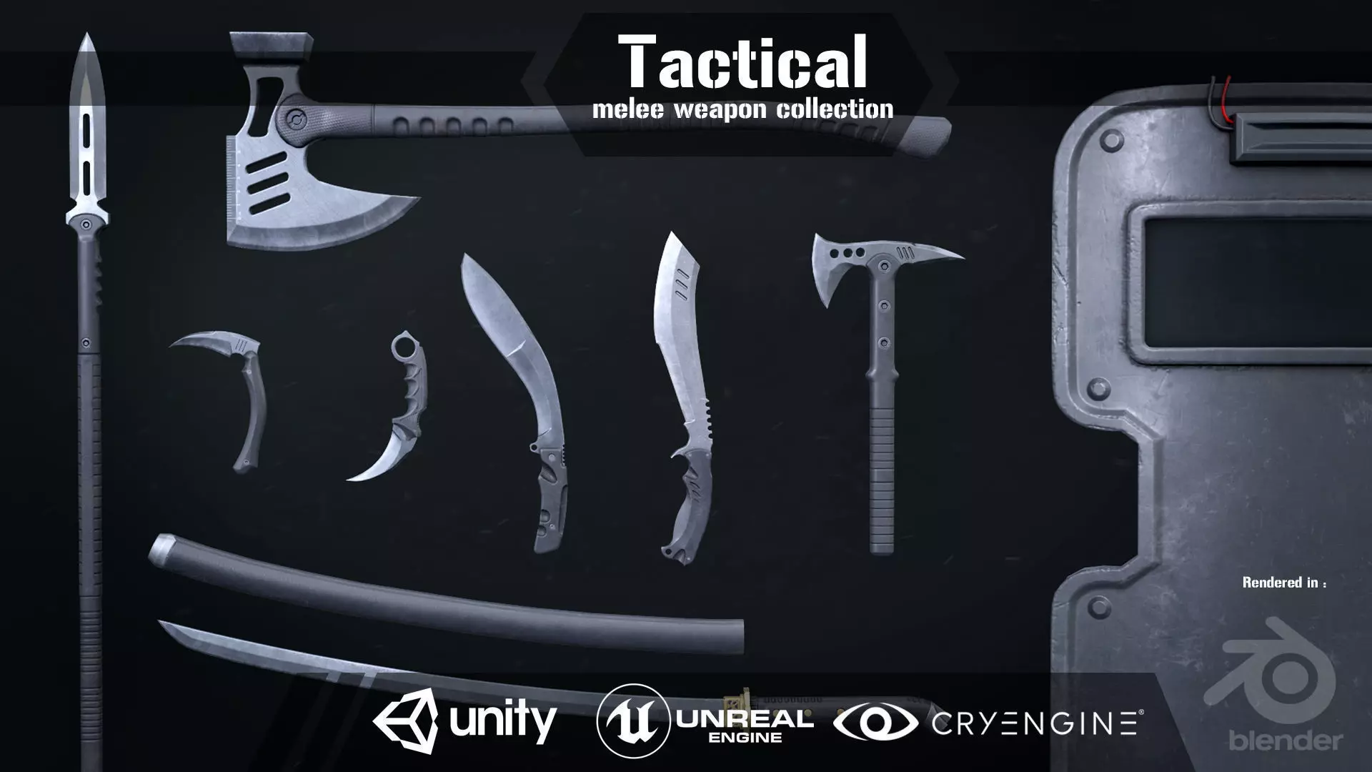 Tactical melee wepon collection Low-poly 3D model_0