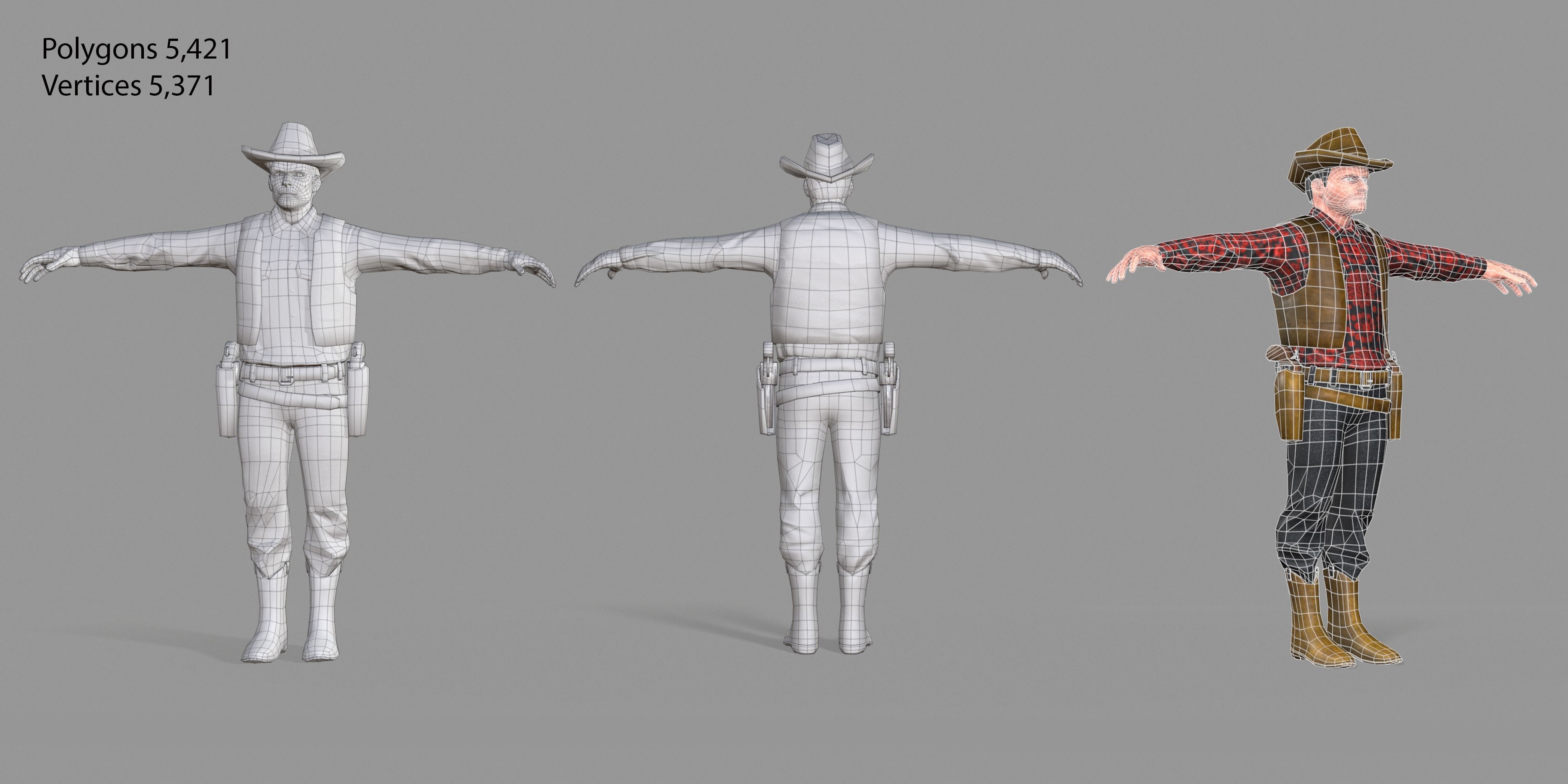 Cowboy wearing hat and boots Low-poly 3D model_3