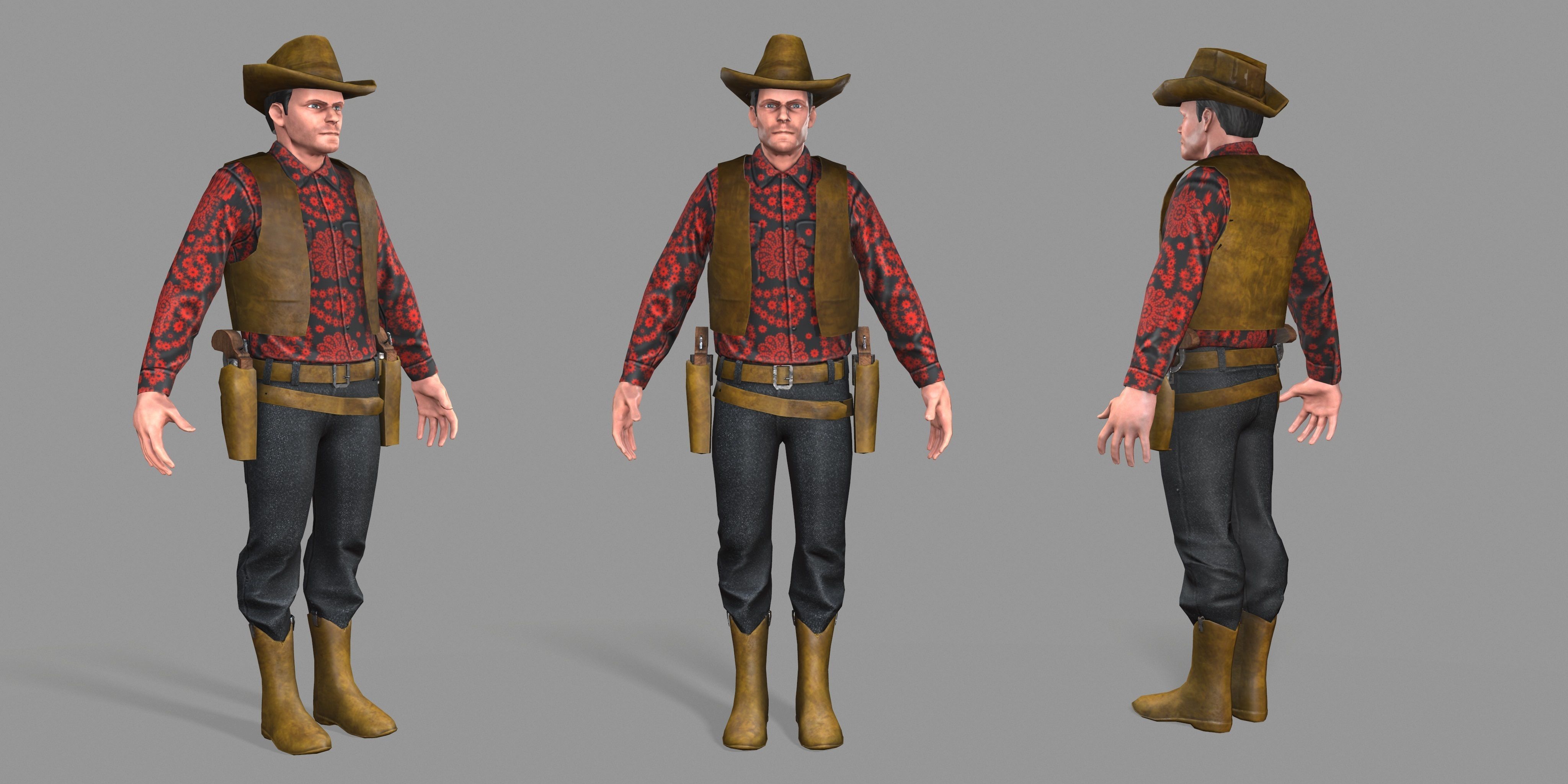 Cowboy wearing hat and boots Low-poly 3D model_1