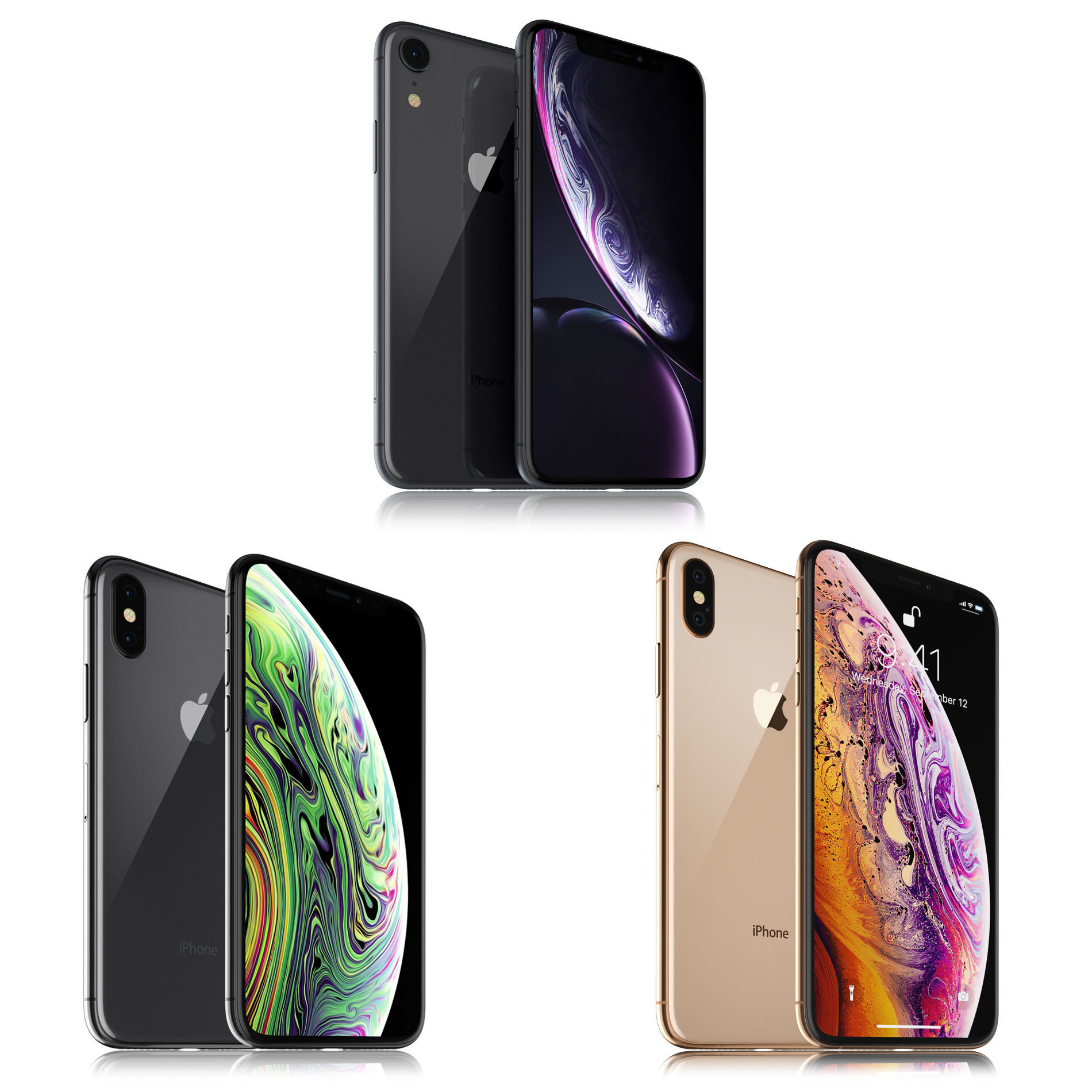 Apple iPhone Xr Black and Xs Space Gray and Xs MAX Gold 3D model_1