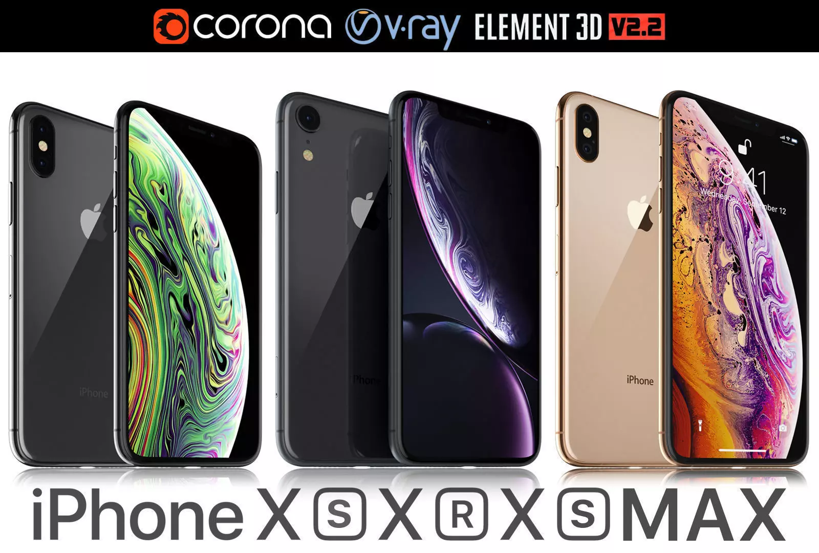 Apple iPhone Xr Black and Xs Space Gray and Xs MAX Gold 3D model_0