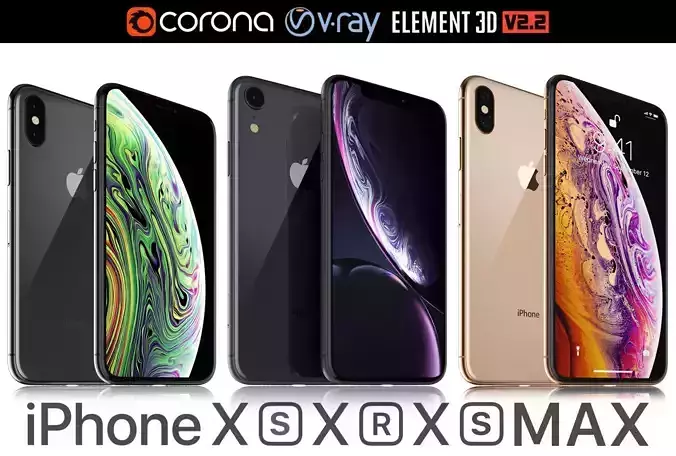 Apple iPhone Xr Black and Xs Space Gray and Xs MAX Gold 3D model
