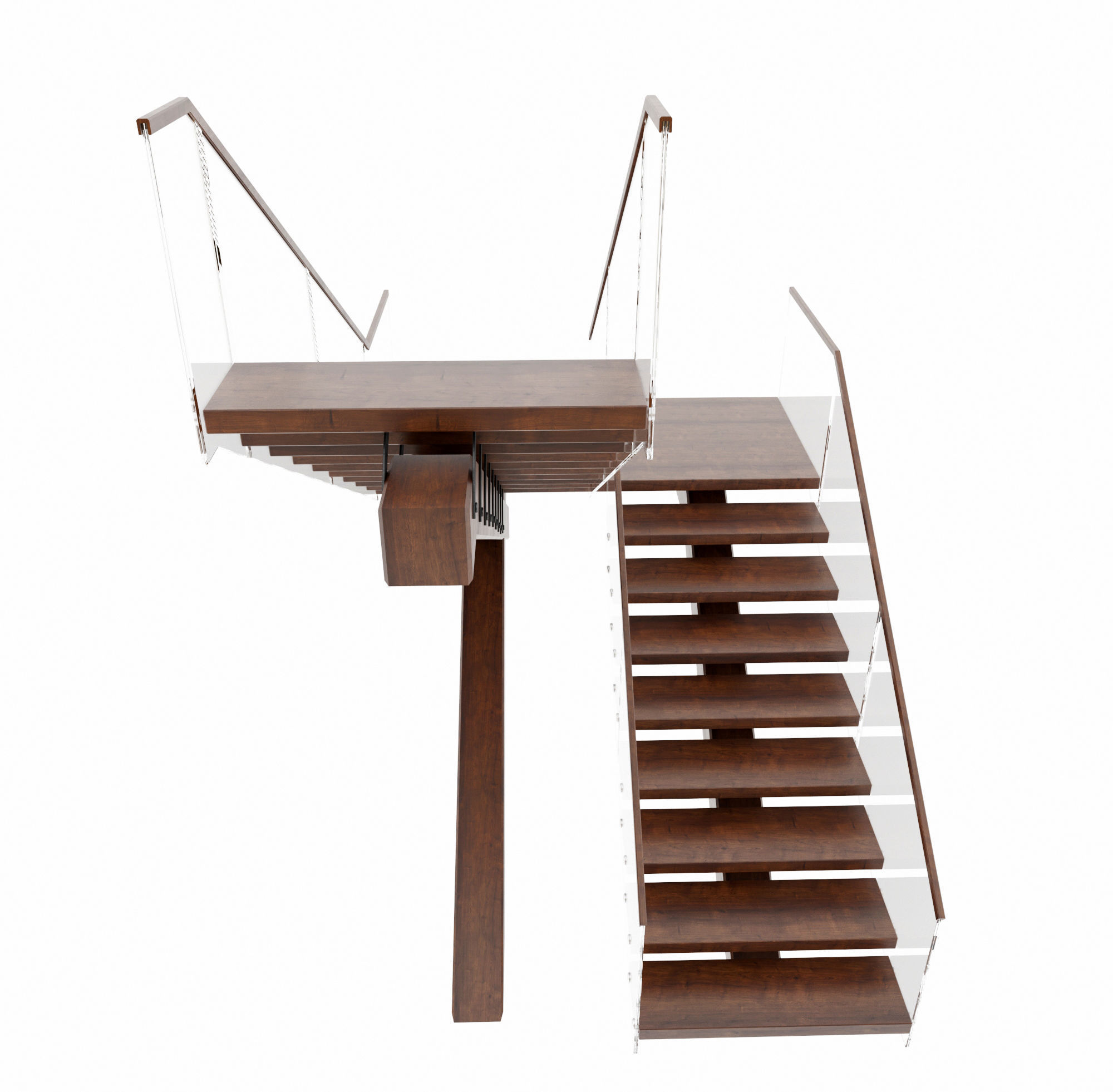 Stairs staircase made of wood and glass 3D model_1