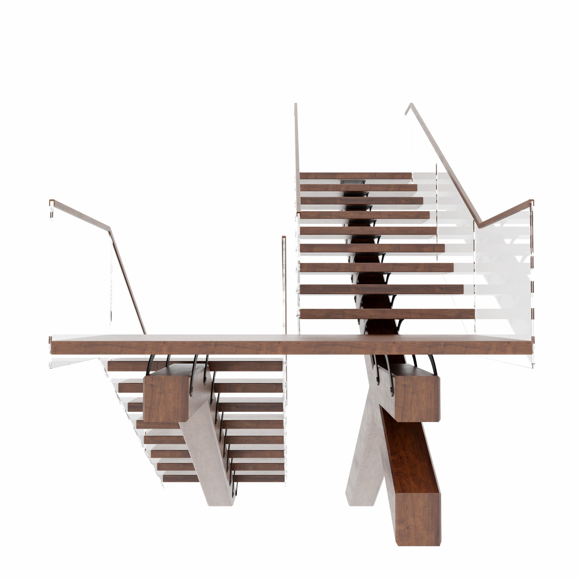 Stairs staircase made of wood and glass 3D model_6