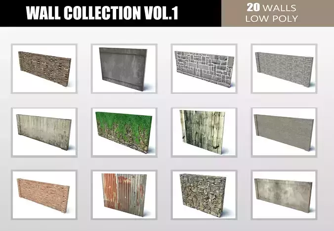 Wall Collection stone Low-poly 3D model