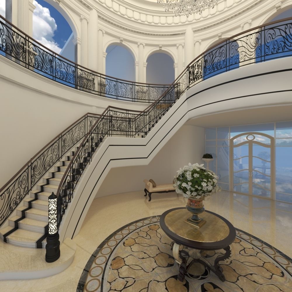 classic stairs entrance hall 3D model_2