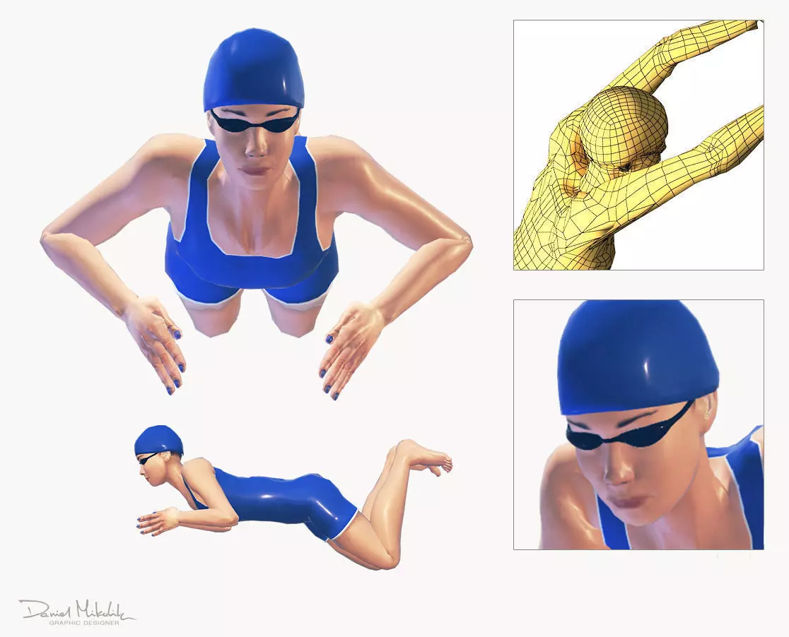 Female Swimming Frog Style Low-poly 3D model_0