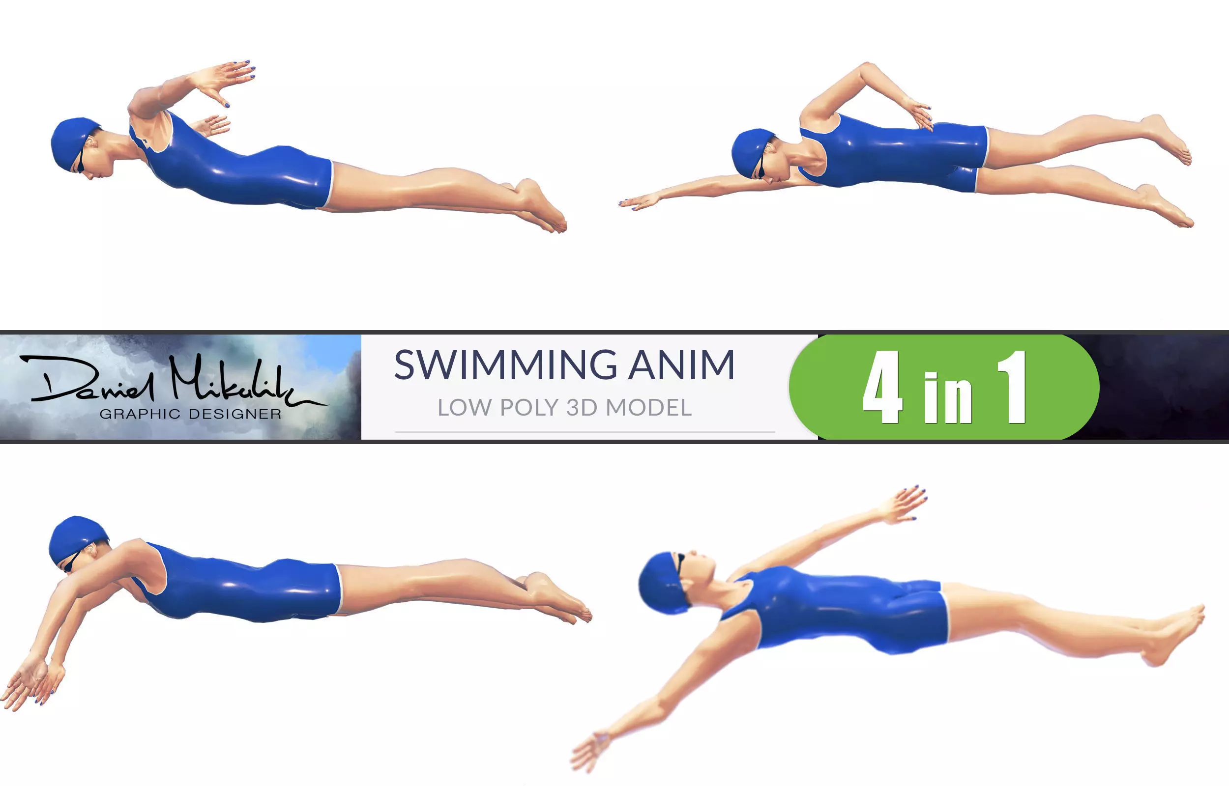 4 Female Swimming Animations BUNDLE 3D Model Collection_0