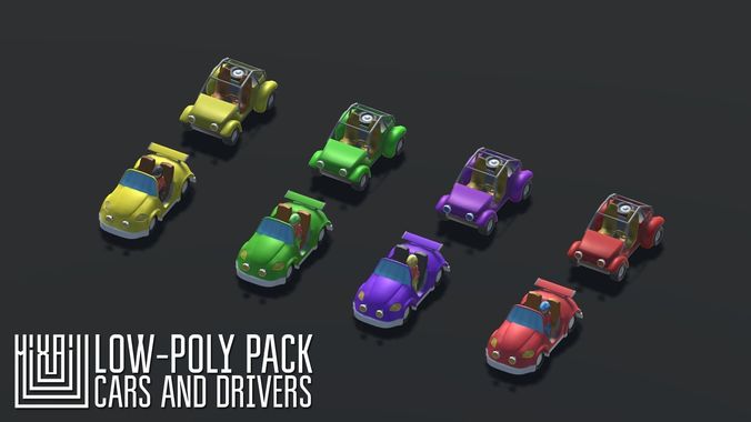 Low-Poly pack cars and drivers Low-poly 3D model
