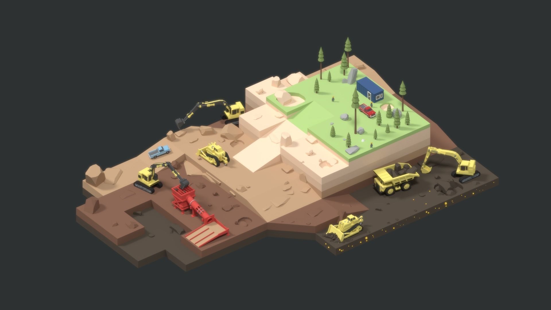 Low Poly Mining construction site in polygons Low-poly 3D model_1