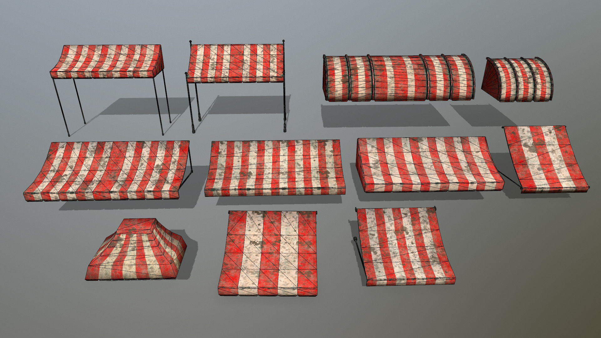 awning set striped tent Low-poly 3D model_23