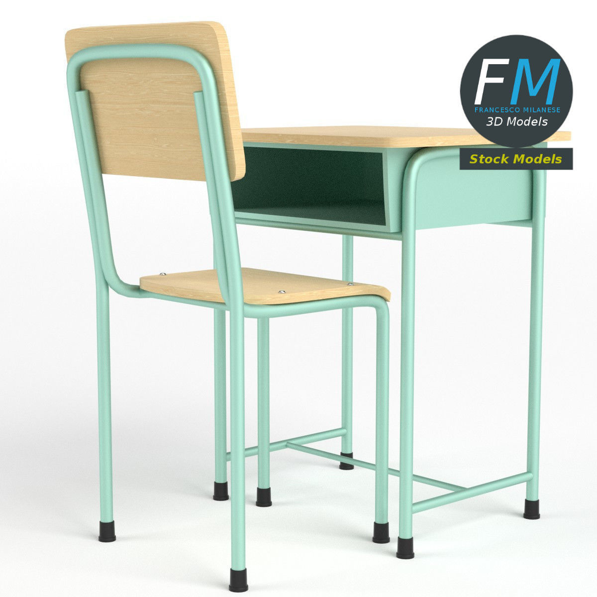 School desk and chair 3D model_4