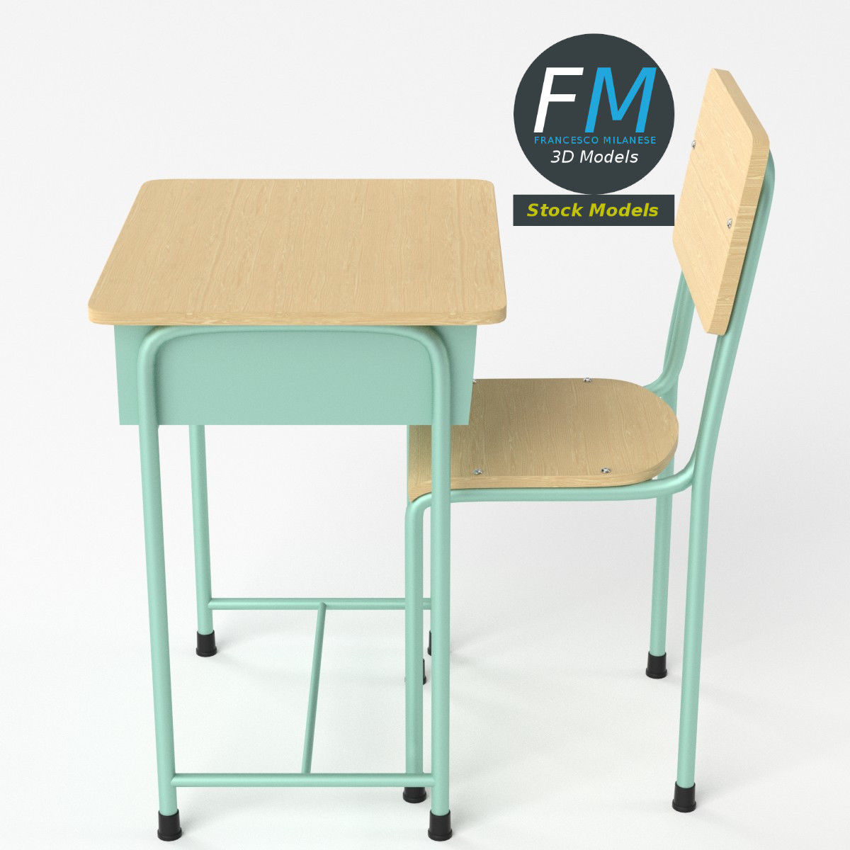 School desk and chair 3D model_5