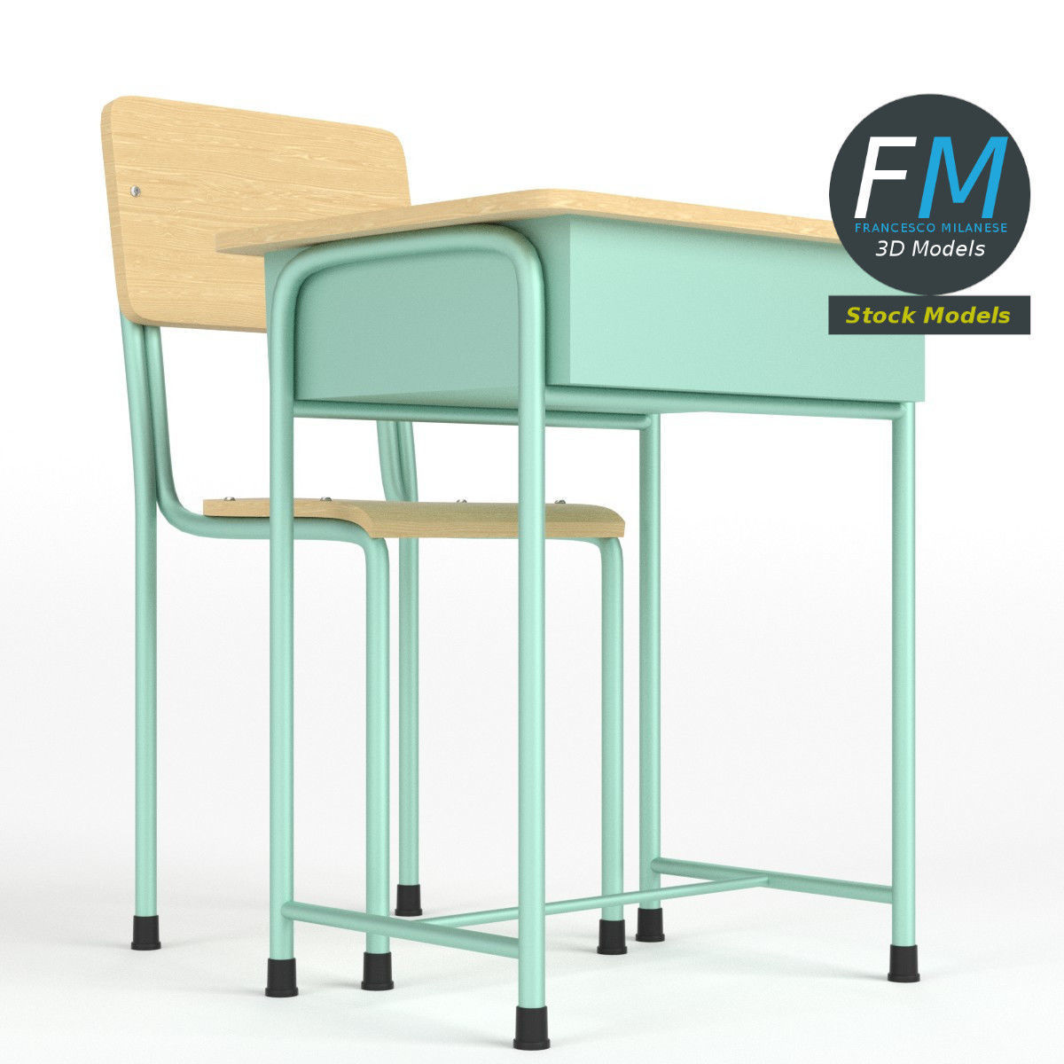 School desk and chair 3D model_3