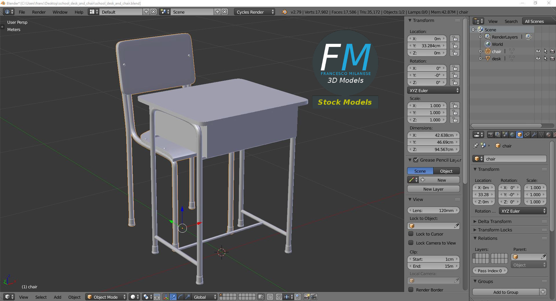 School desk and chair 3D model_9
