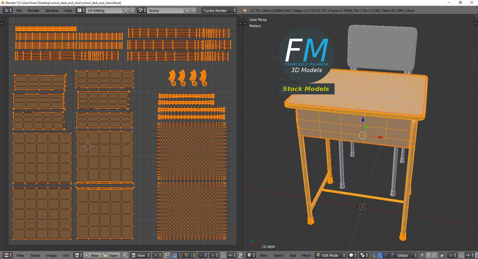 School desk and chair 3D model_10