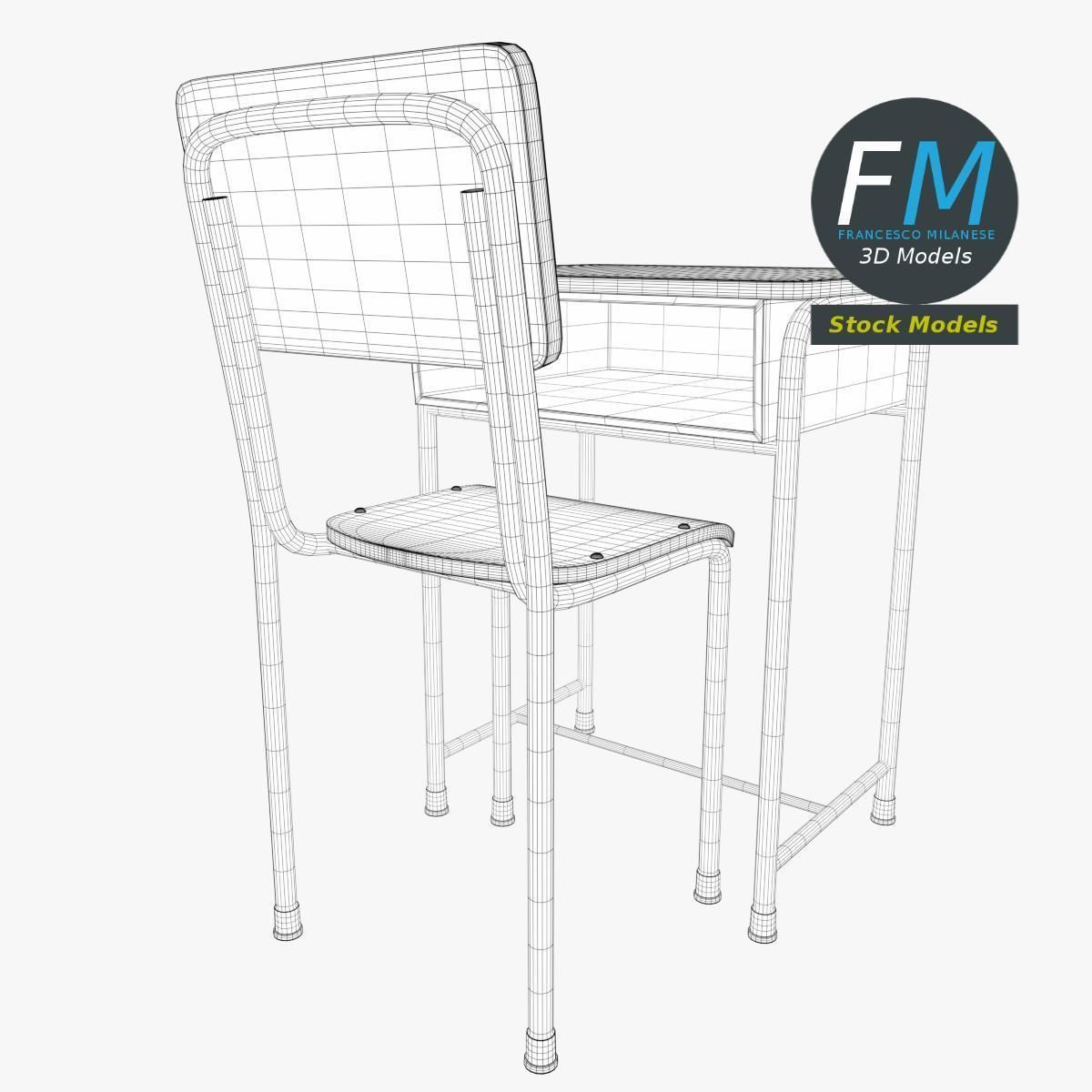 School desk and chair 3D model_8
