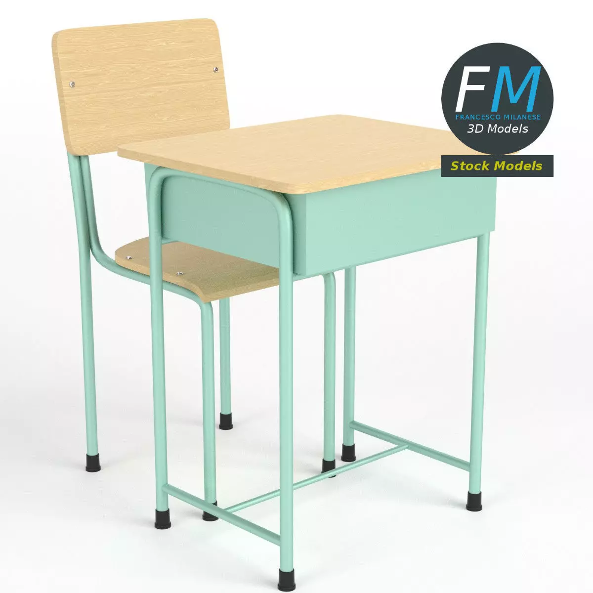 School desk and chair 3D model_0