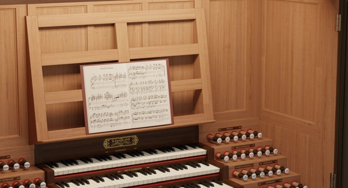 Antique cathedral pipe organ console 3D model_5