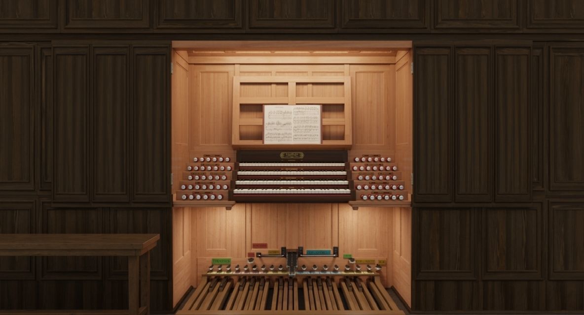 Antique cathedral pipe organ console 3D model_12