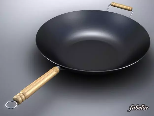 WOK 2 with wooden handle 3D model_0