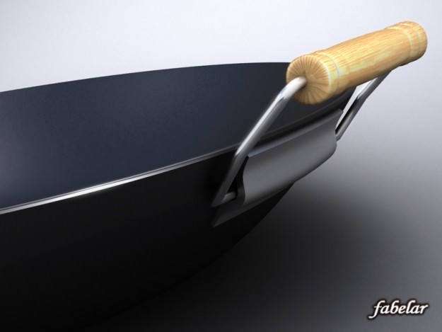 WOK 2 with wooden handle 3D model_4