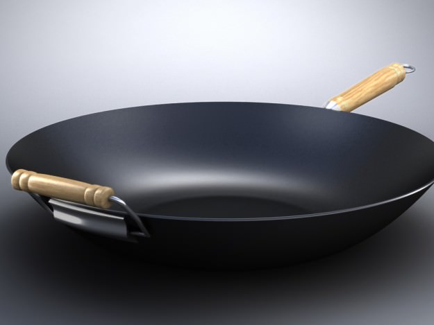 WOK 2 with wooden handle 3D model_2