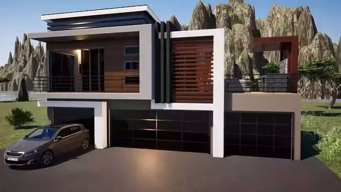 Garage modern house with car parked in front