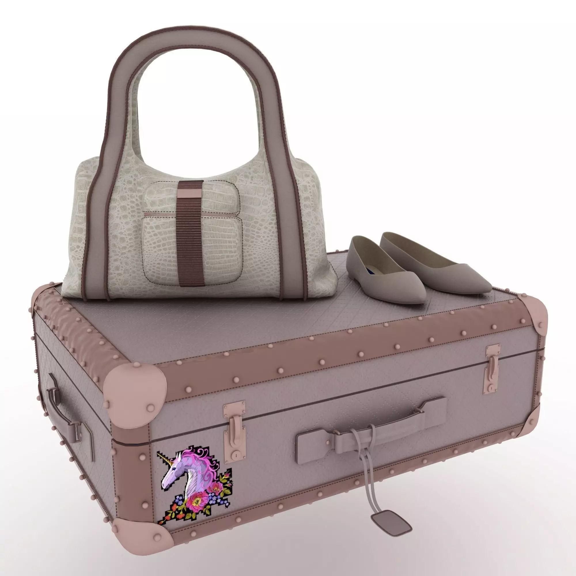 Luggage suitcase with shoes and handbag 3D model