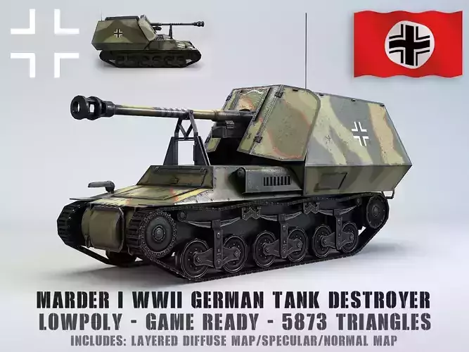 Low Poly Marder I tank destroyer Low-poly 3D model