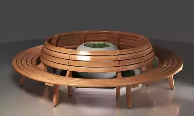 Wooden Round Bench and Flowerpots 3D model