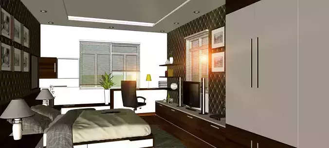 bedroom with bed and dresser 3D print model