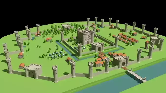 Simple Poly Medieval City Low-poly 3D model