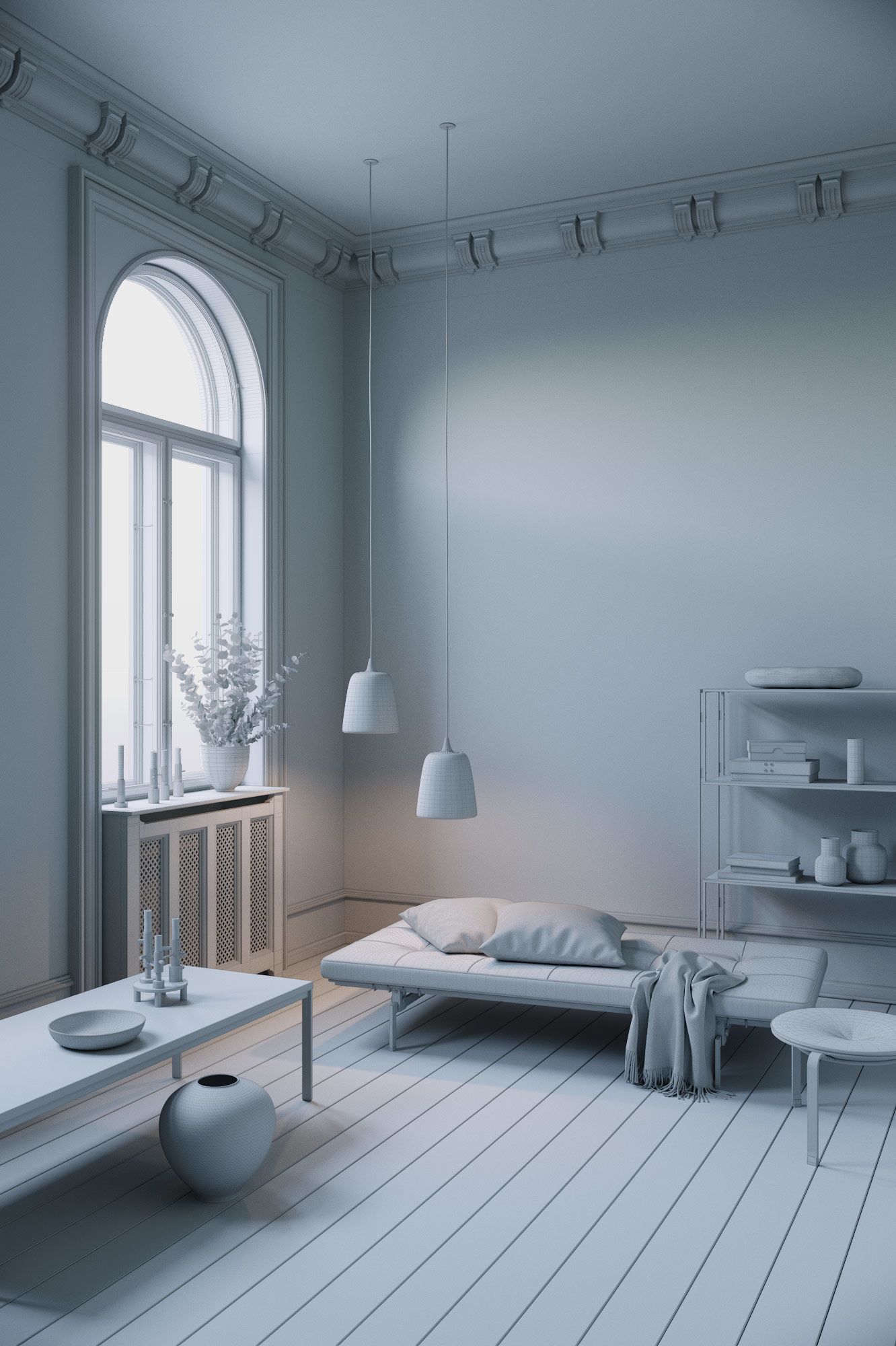 Twin Lamps interior scene 3D model_4