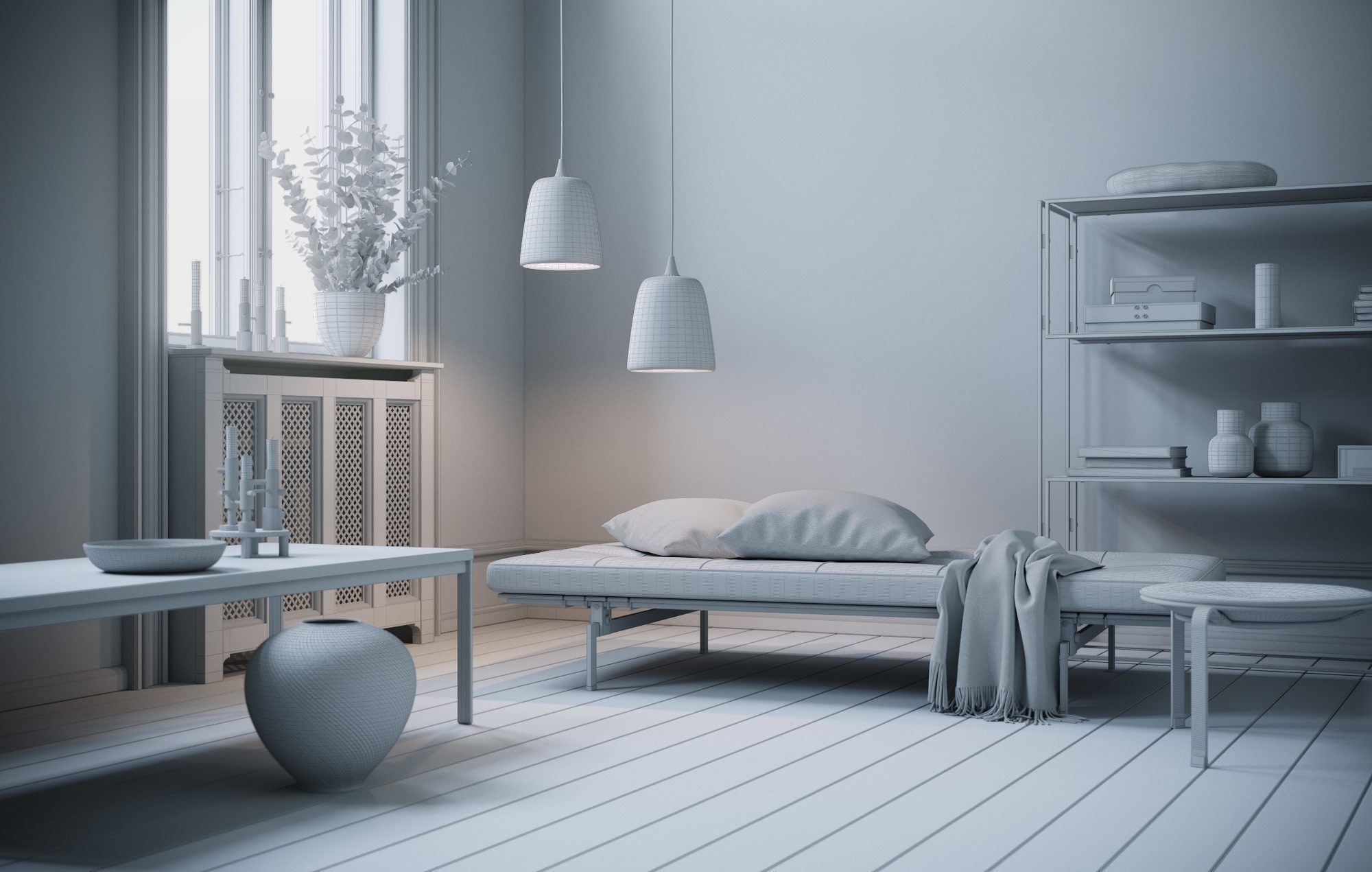 Twin Lamps interior scene 3D model_3