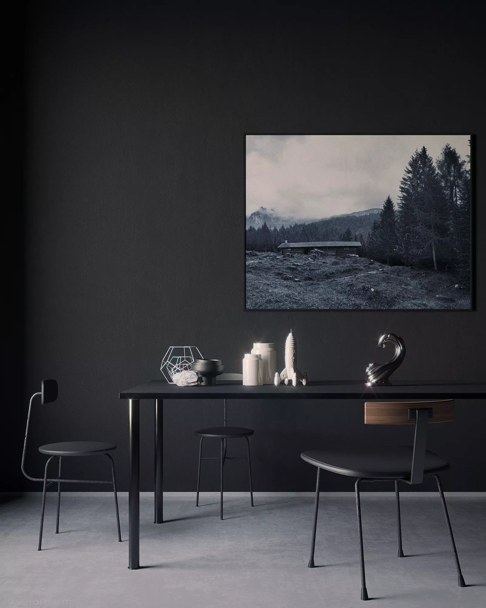 Black interior scene 3D model_0
