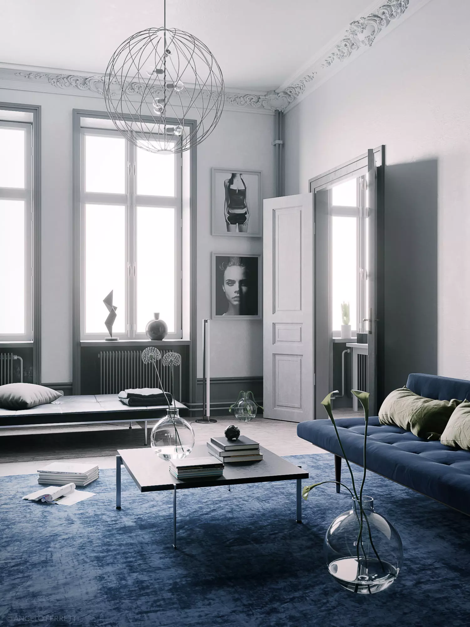 Blue Scandinavian Interior scene 3D model_0