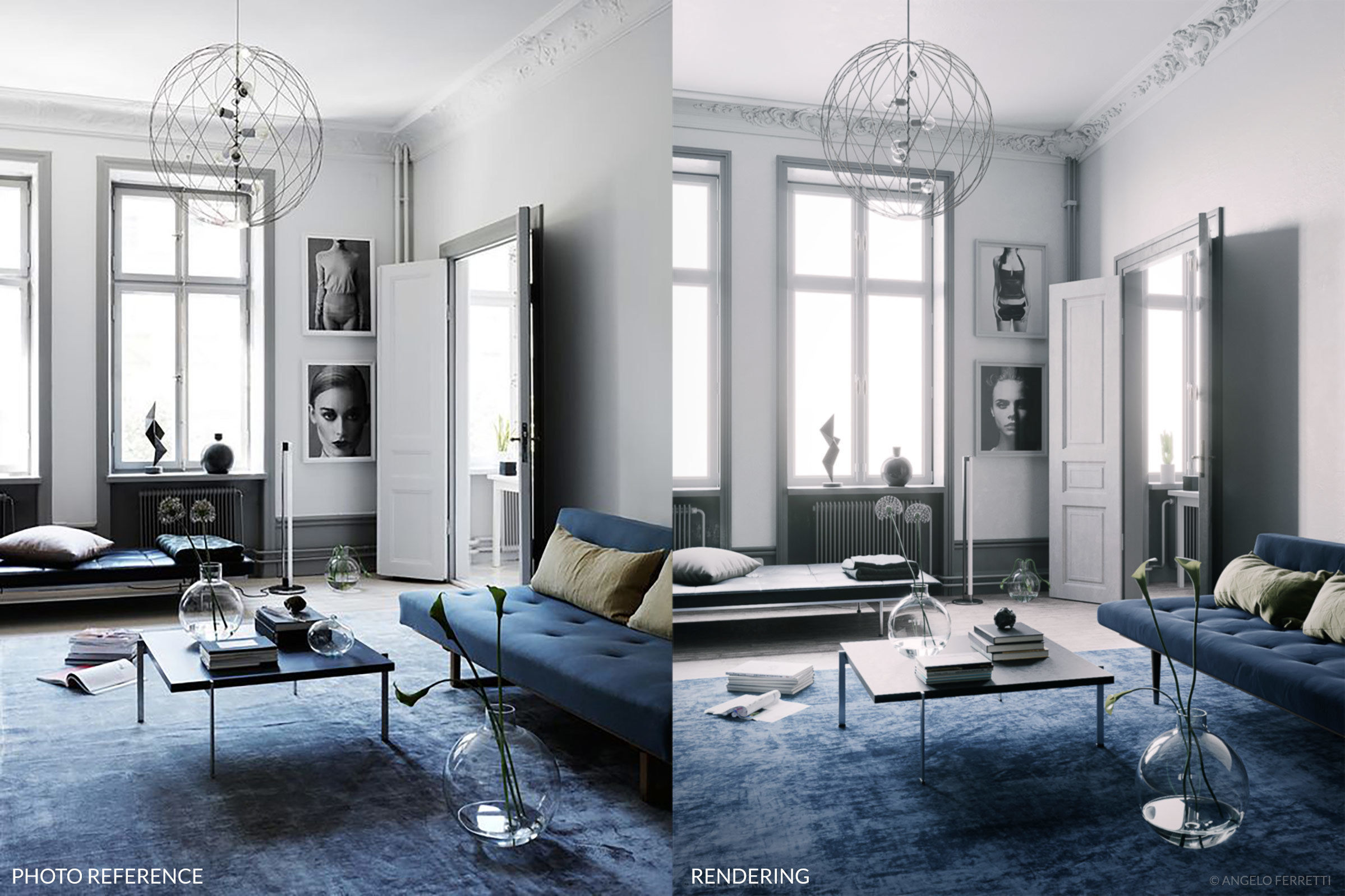 Blue Scandinavian Interior scene 3D model_2