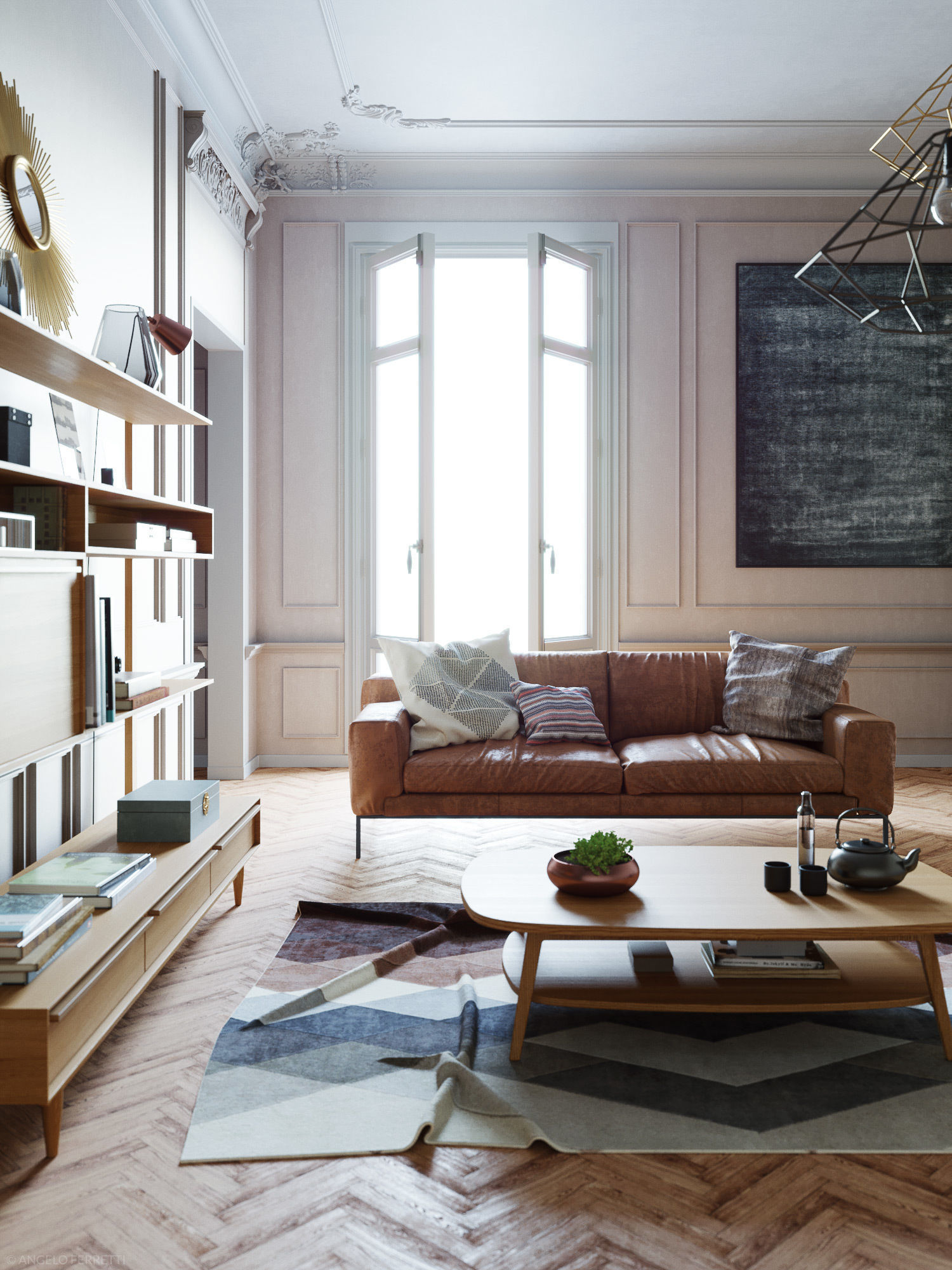 Mid Century interior scene 3D model_2